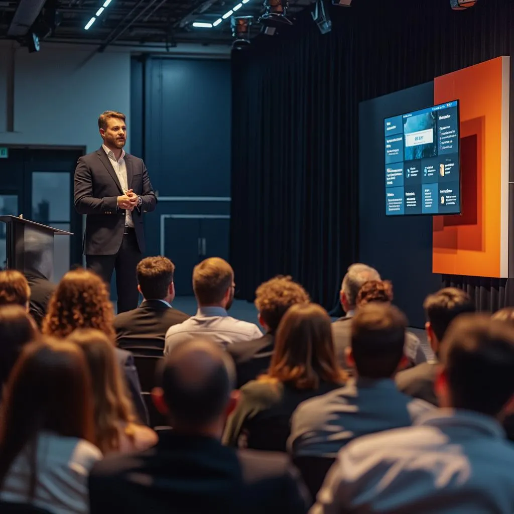 Consultor presentando en una conferencia de negocios en Argentina.