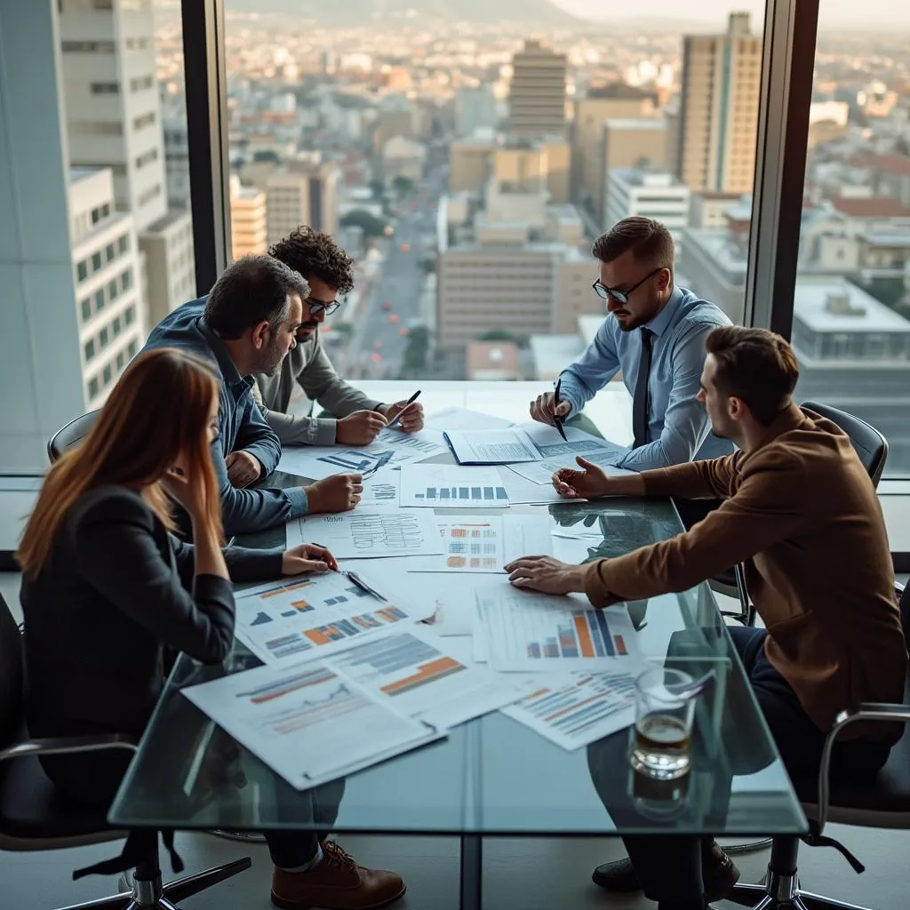 Equipo de consultores discutiendo estrategias de negocio en Argentina